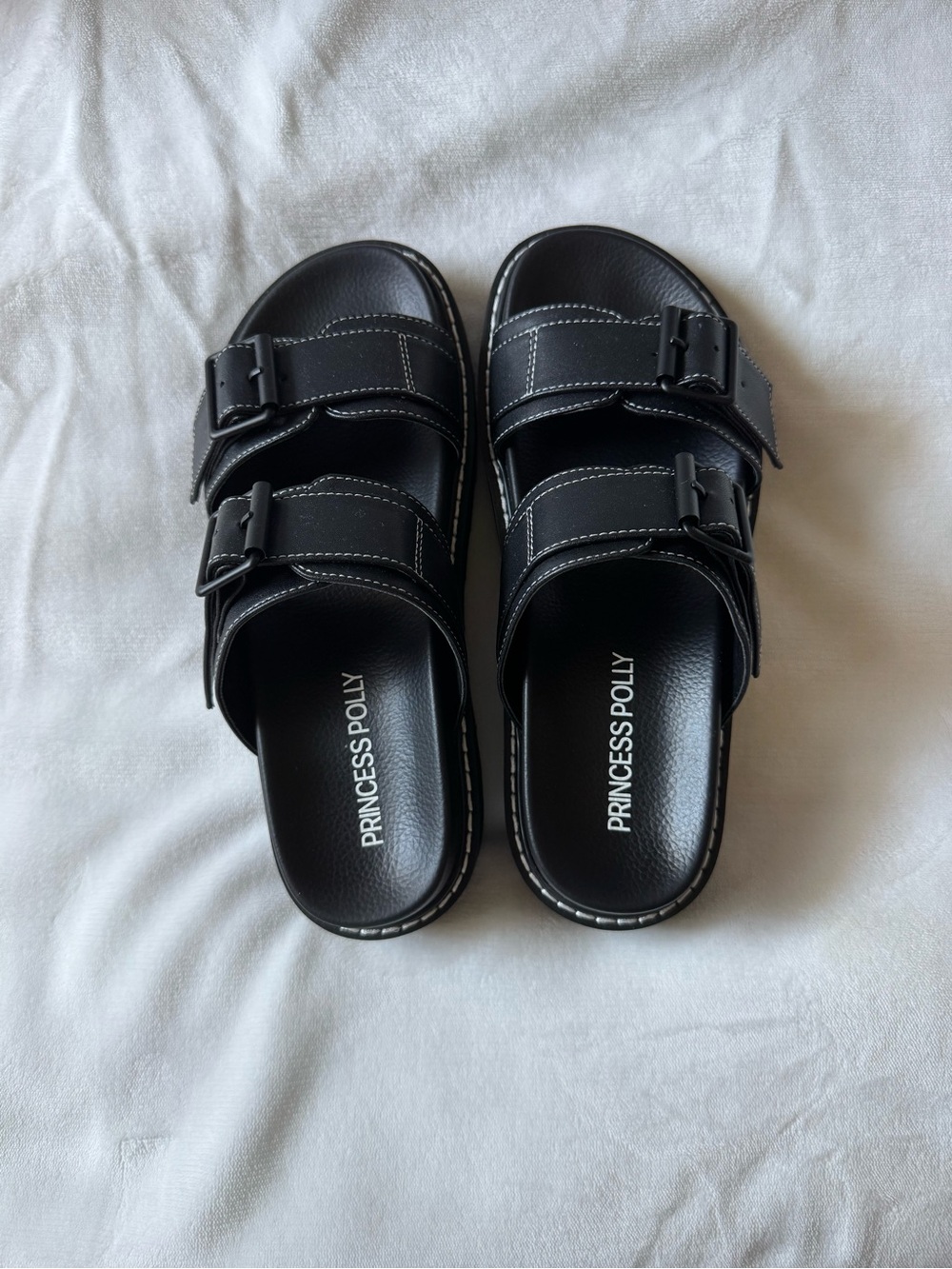 PRINCESS POLLY women’s Black Double-Buckle Slide Sandals